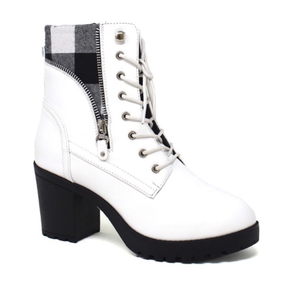 White Lace Up Chunky Heel Plad Inset Combat Boot